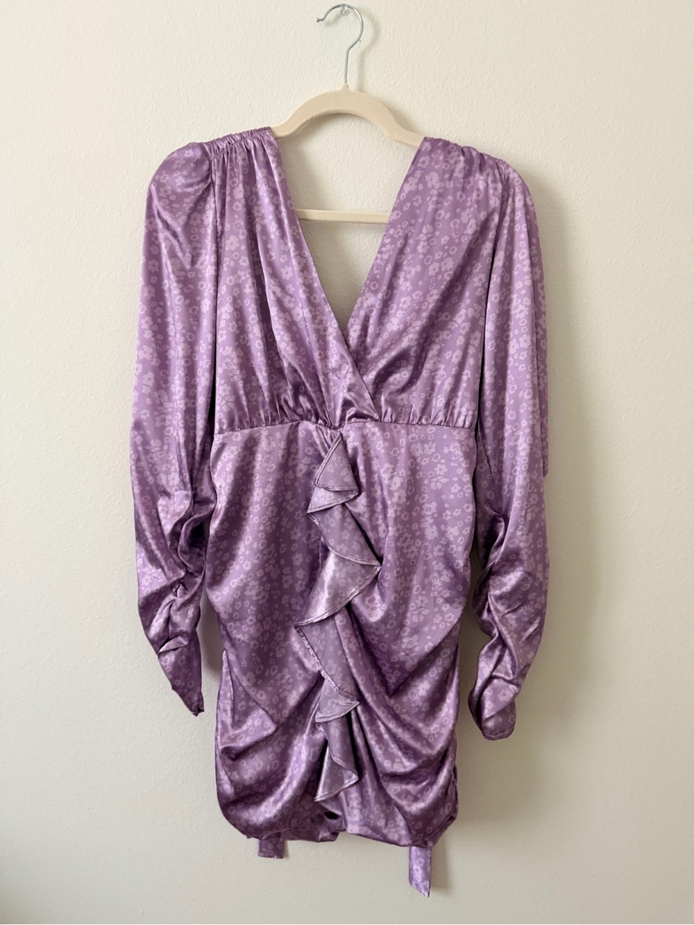 Lavender Satin Ruffle V-Neck Mini Dress